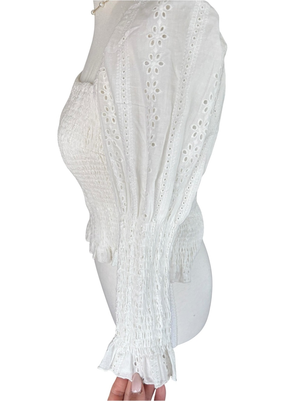 Smocked Square-Neck Eyelet Puff Sleeve Blouse — White - Picture 3 of 11